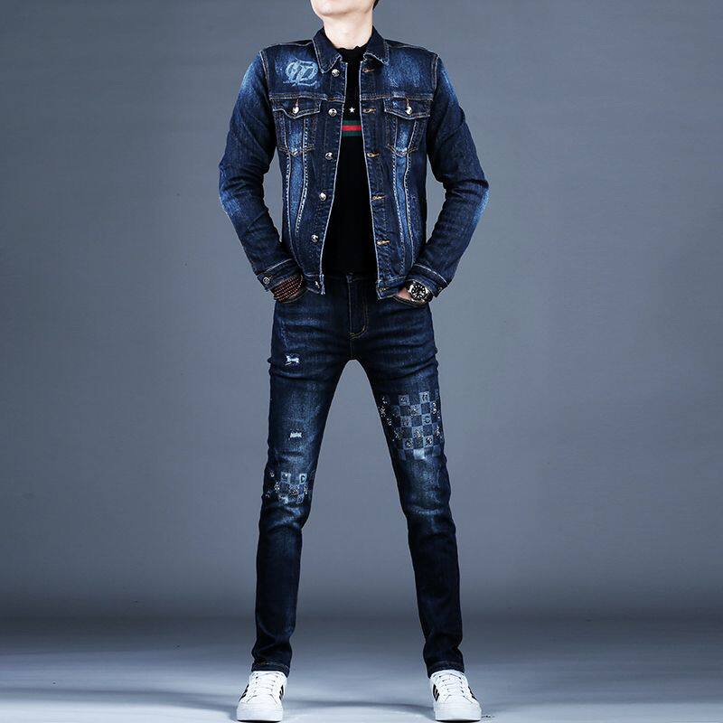 Slim-Fit Printed Denim Suit for Men