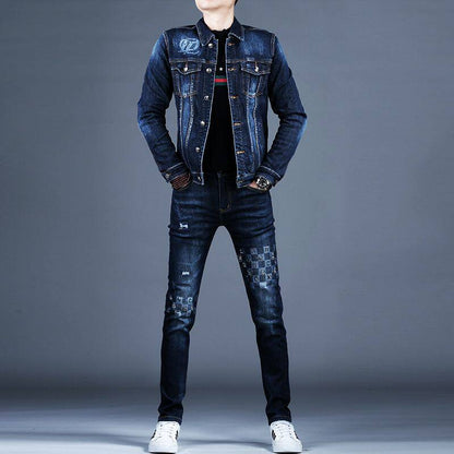Slim-Fit Printed Denim Suit for Men