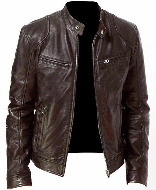 Slim Fit PU Leather Jacket with Stand Collar
