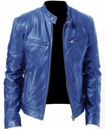 Slim Fit PU Leather Jacket with Stand Collar