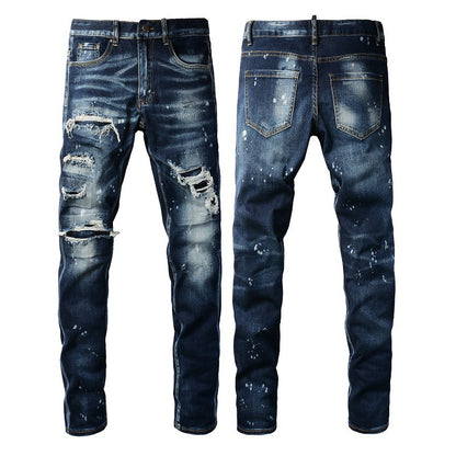 Slim Fit Ripped Patchwork Denim Pants