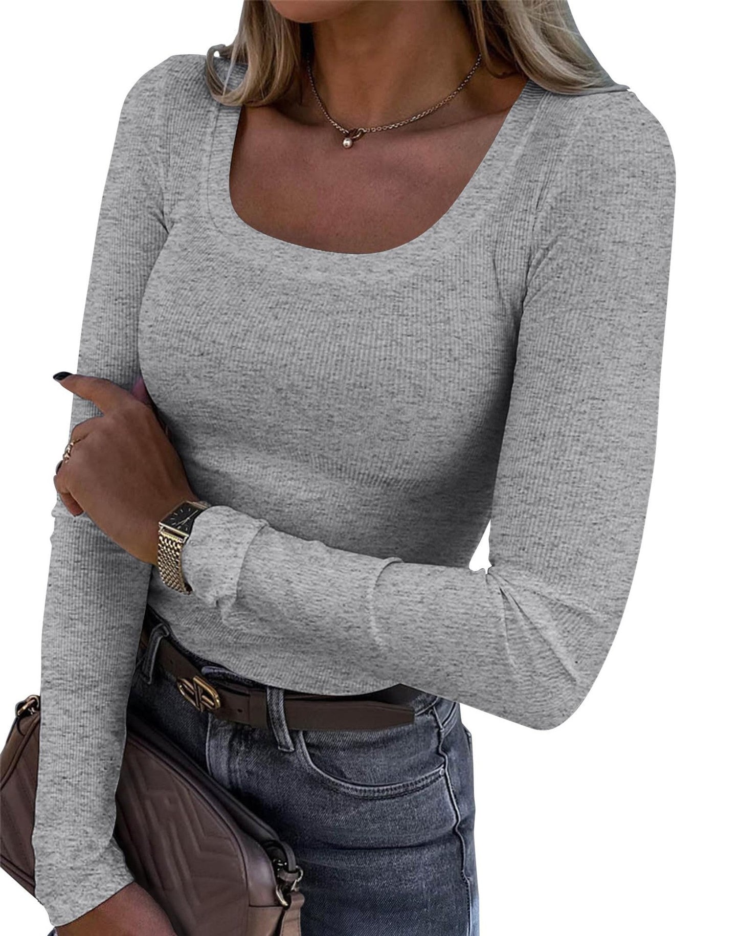 Slim Fit U Neck Long Sleeve Womens T-Shirt