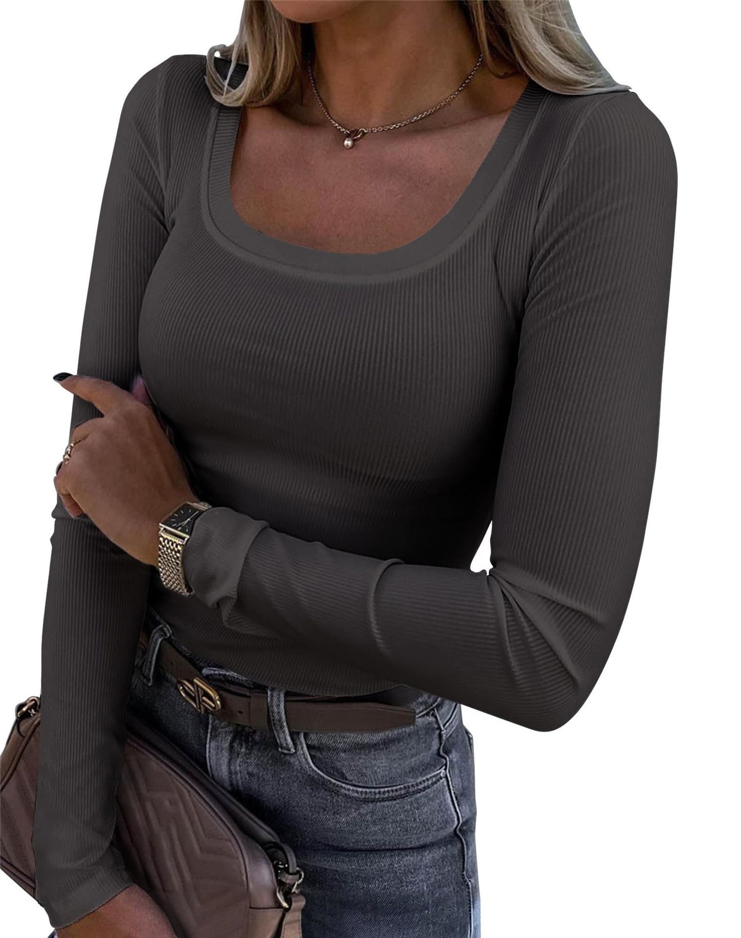 Slim Fit U Neck Long Sleeve Womens T-Shirt