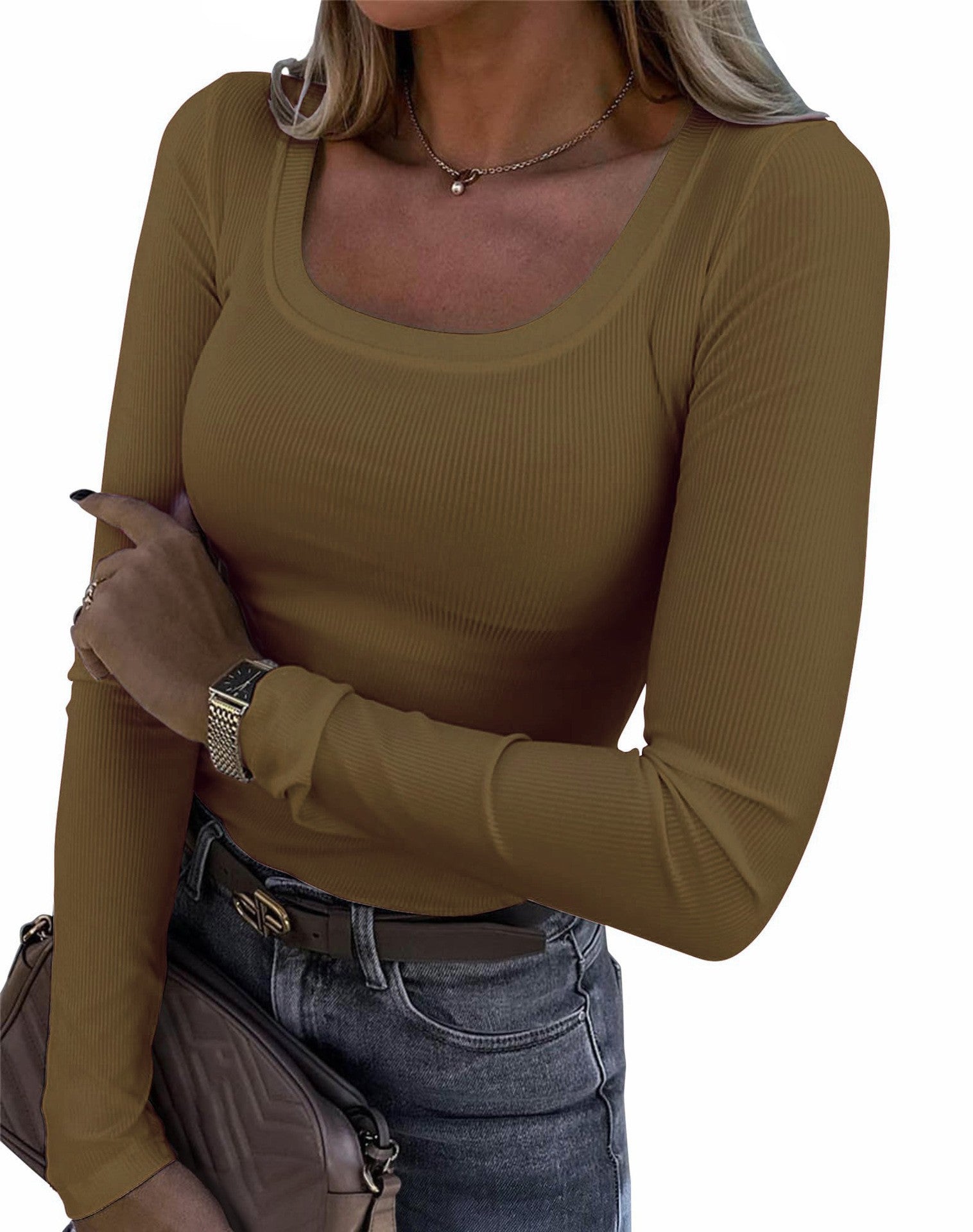Slim Fit U Neck Long Sleeve Womens T-Shirt