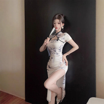 Slim Fit Vintage Print Cheongsam Dress