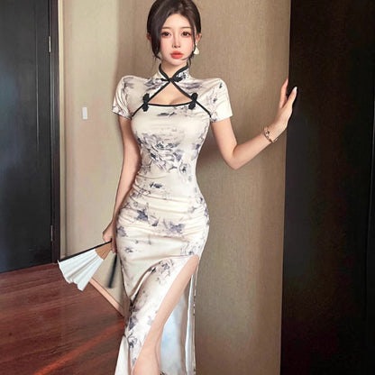 Slim Fit Vintage Print Cheongsam Dress