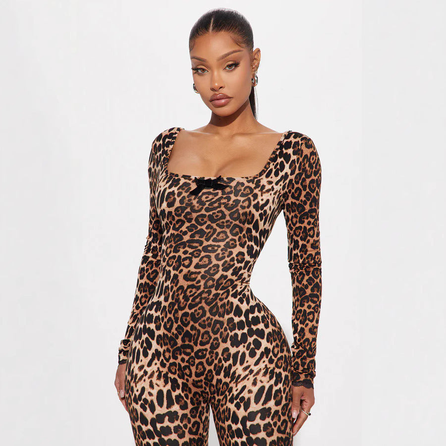 Slim Fit Women's Leopard Print Long Jumpsuit