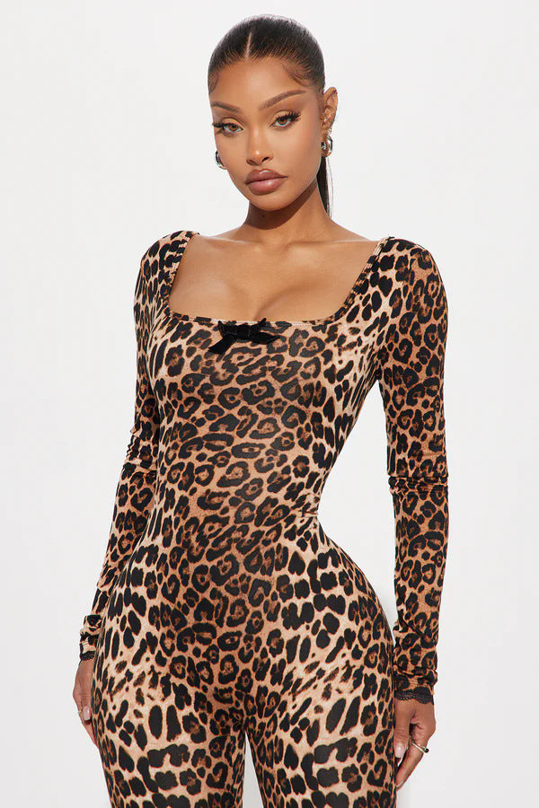 Slim Fit Women's Leopard Print Long Jumpsuit