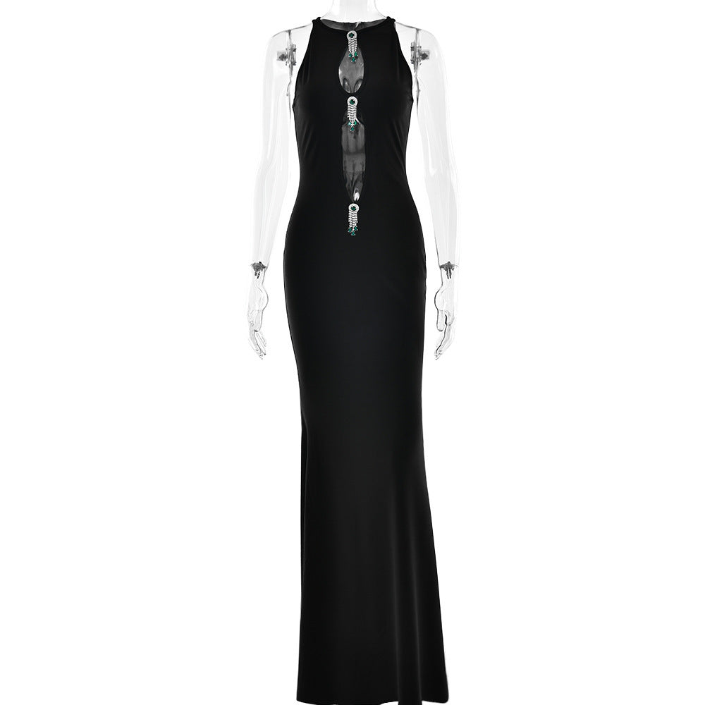 slim hollow metal pendant evening dress