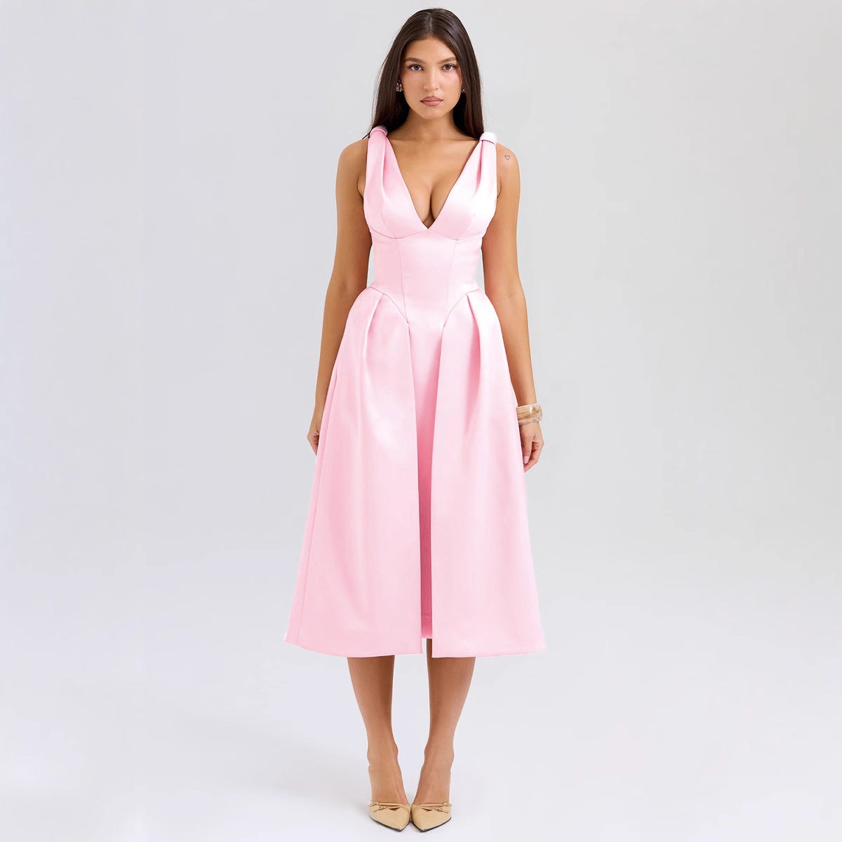Slim Suspender Long Skirt Pure Color V Neck Elegant Dress