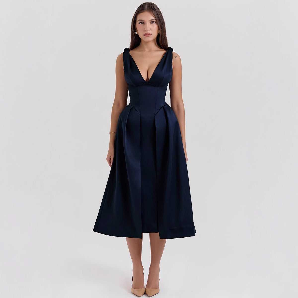 Slim Suspender Long Skirt Pure Color V Neck Elegant Dress