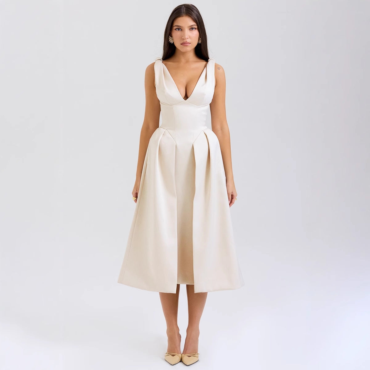 Slim Suspender Long Skirt Pure Color V Neck Elegant Dress