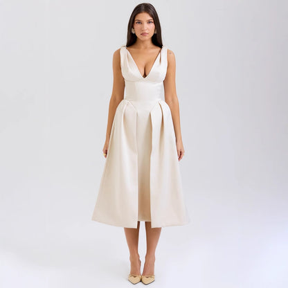 Slim Suspender Long Skirt Pure Color V Neck Elegant Dress