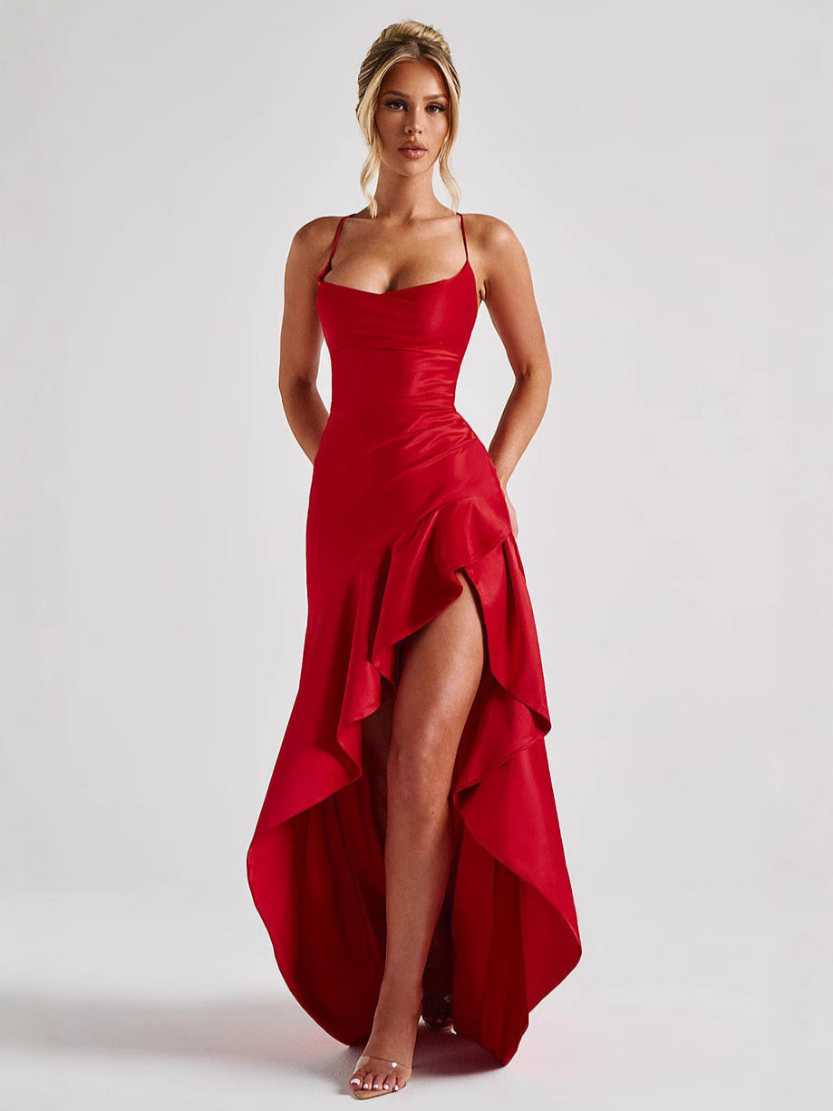 Sling Backless Ruffled Hem Dress
