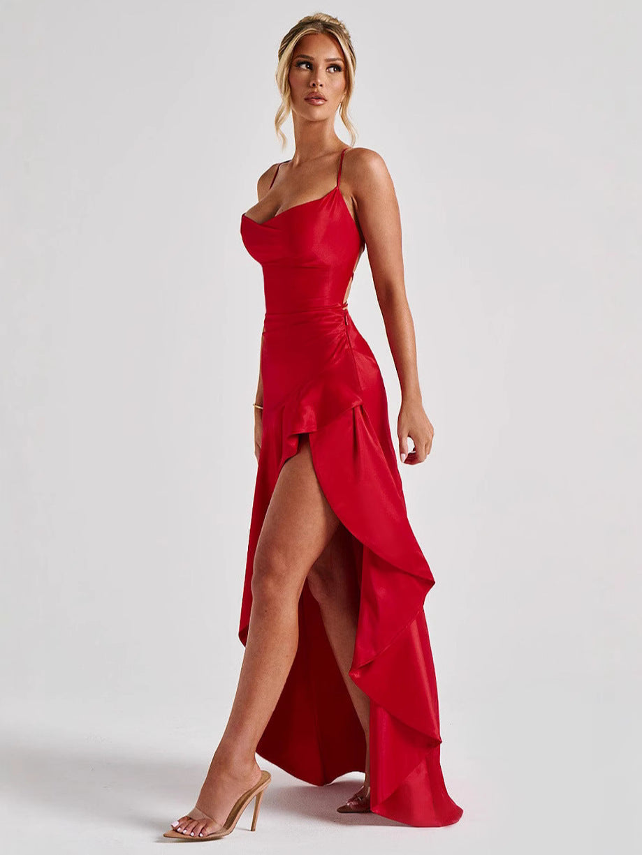 Sling Backless Ruffled Hem Dress