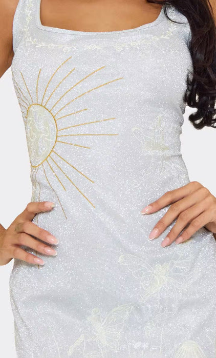 Sling Neck Embroidery Cotton Dress