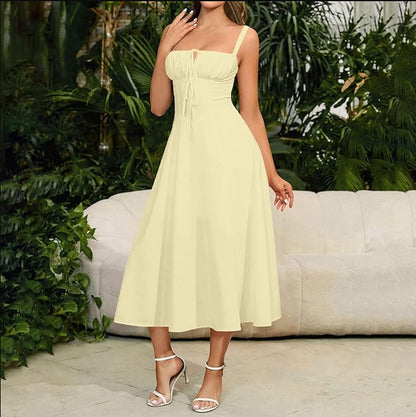 Sling Neckline Drawstring Waist Dress