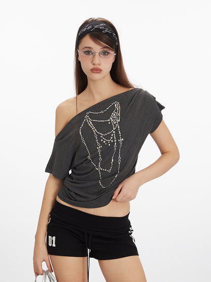 Slope Neck Short Sleeve Women's T-Shirtn