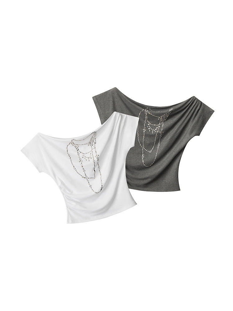 Slope Neck Short Sleeve Women's T-Shirtn