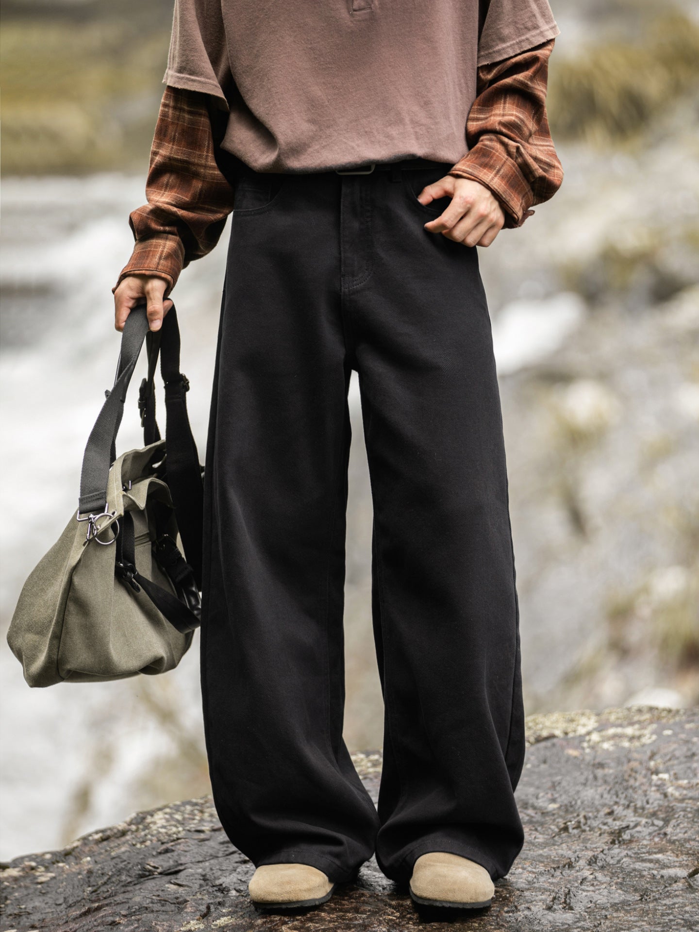 Slub micro-wide straight-leg pants