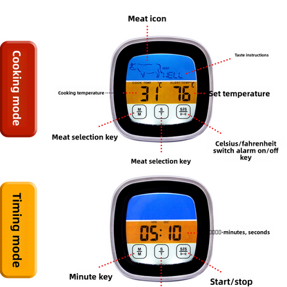 Smart Food Thermometer with Touch Screen and Timer