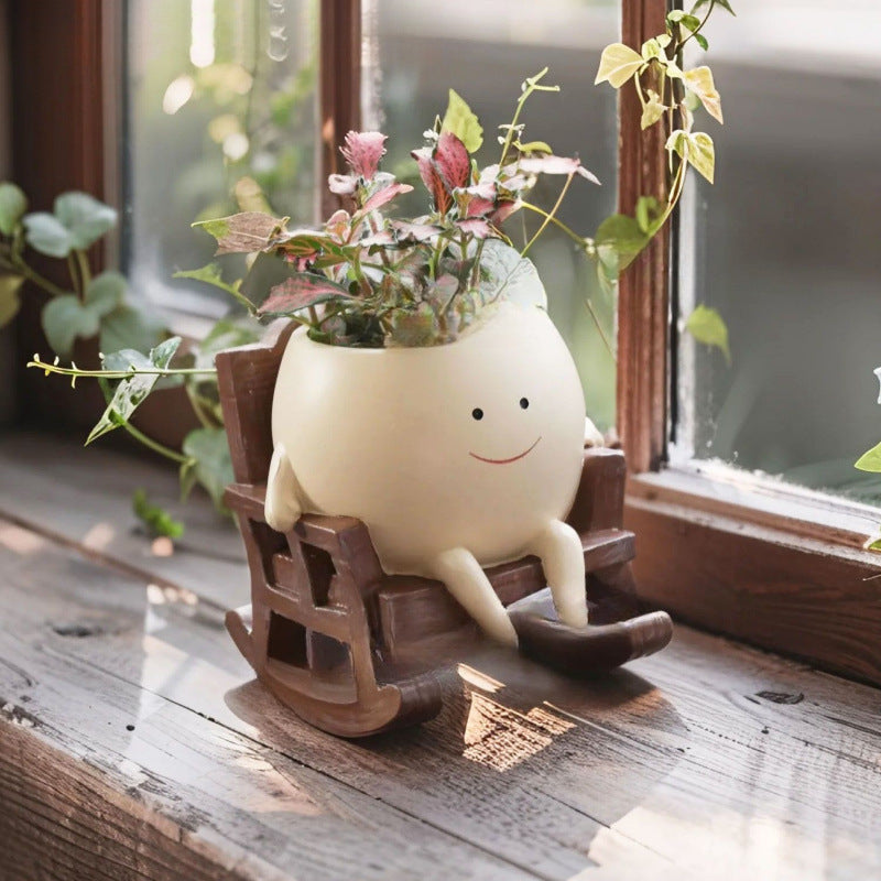 Smiley Face Rocking Chair Resin Flower Pot Ornament