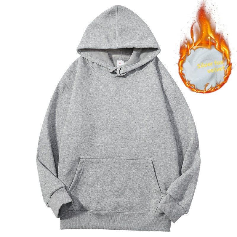 Smog Blue 600g Heavy Silver Fox Velvet Hooded Men's Fall/Winter Thick Warm Loose Solid Color Hoodie Jacket