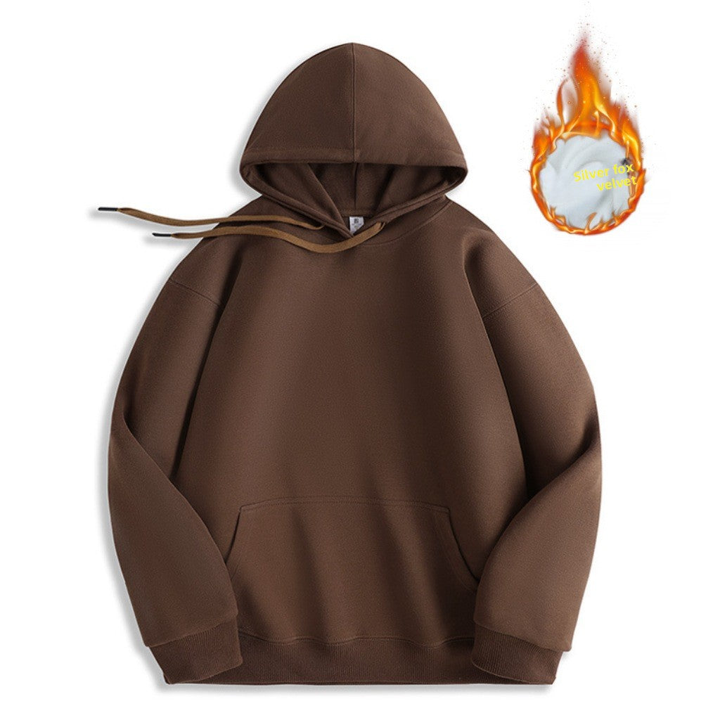 Smog Blue 600g Heavy Silver Fox Velvet Hooded Men's Fall/Winter Thick Warm Loose Solid Color Hoodie Jacket