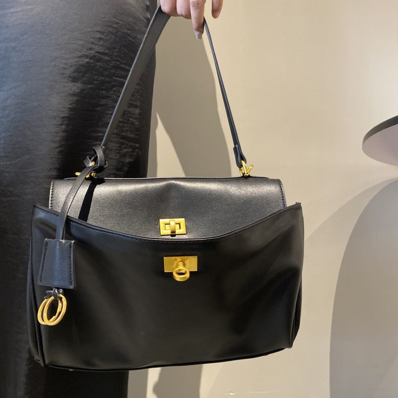 Smooth Calfskin Single-Shoulder Tote Bag with Lock Buckle