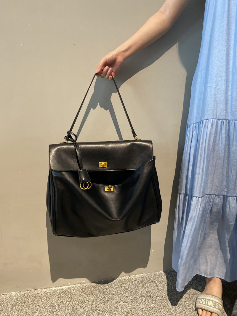 Smooth Calfskin Single-Shoulder Tote Bag with Lock Buckle
