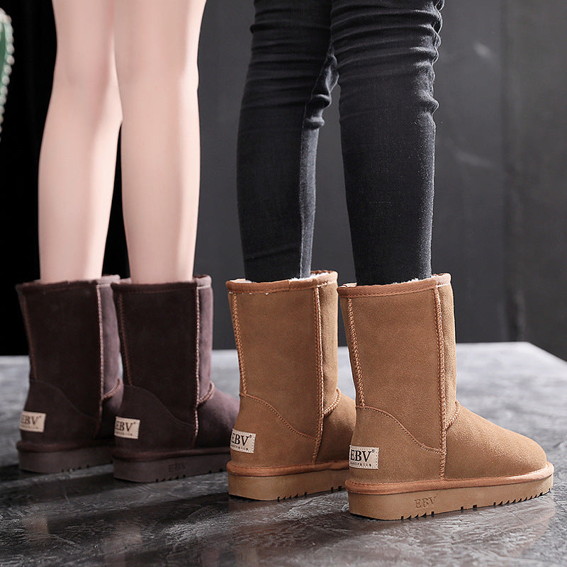 Snow boots, women's mid-calf leather boots