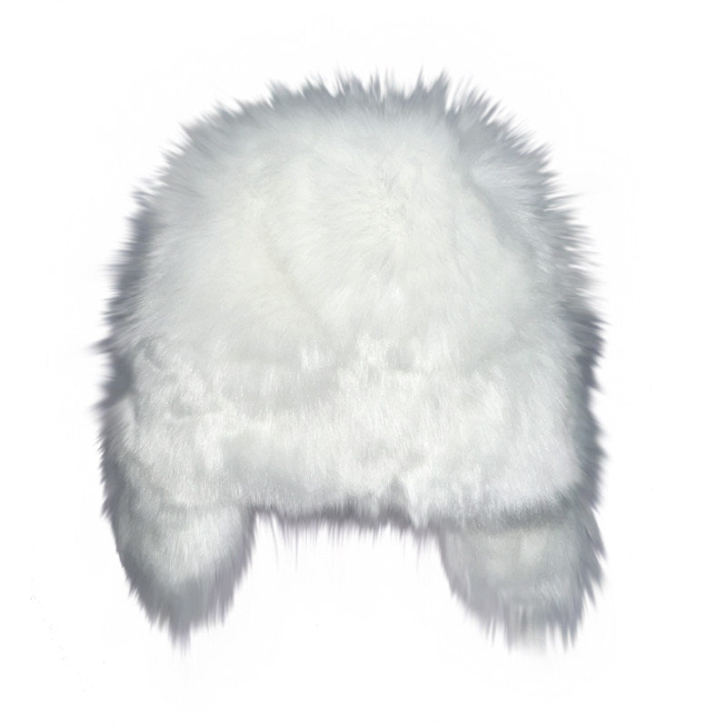 Snow-White Cute Long-Haired Faux Animal Fur Windproof Warm Padded Lei Feng Hat with Ear Protection