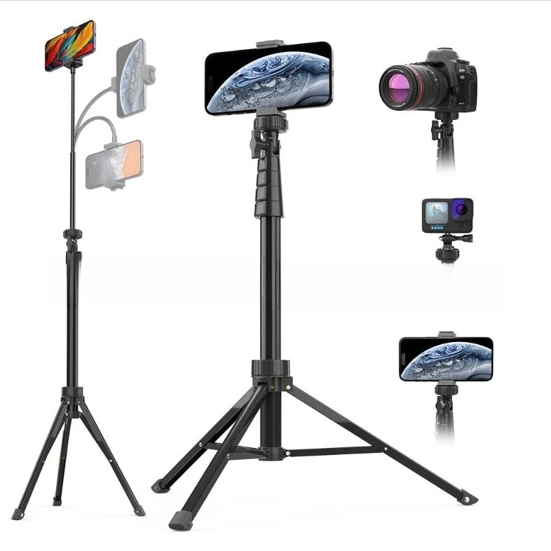 Sock, handheld selfie stick, camera, tripod