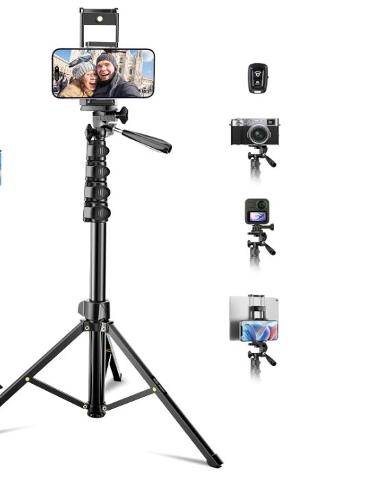 Sock, handheld selfie stick, camera, tripod
