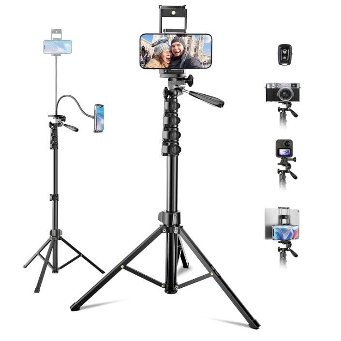 Sock, handheld selfie stick, camera, tripod
