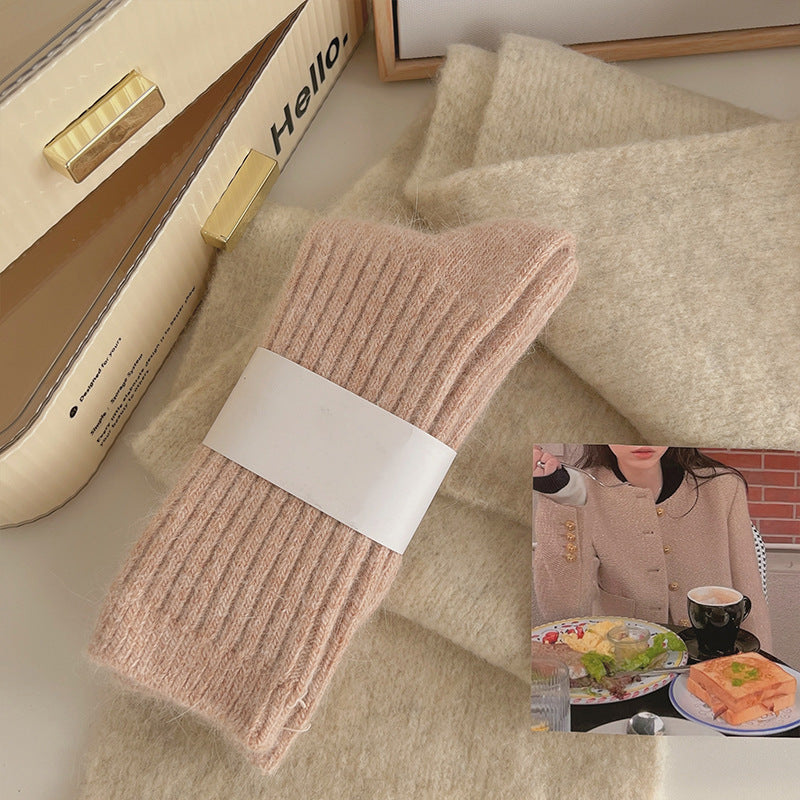 Socks Women's Winter Mid-tube Socks fleece-lined Thickened Warm Socks Soft Vertical Grain Solid Color Japanese Style Stockings Sleep Home Socks