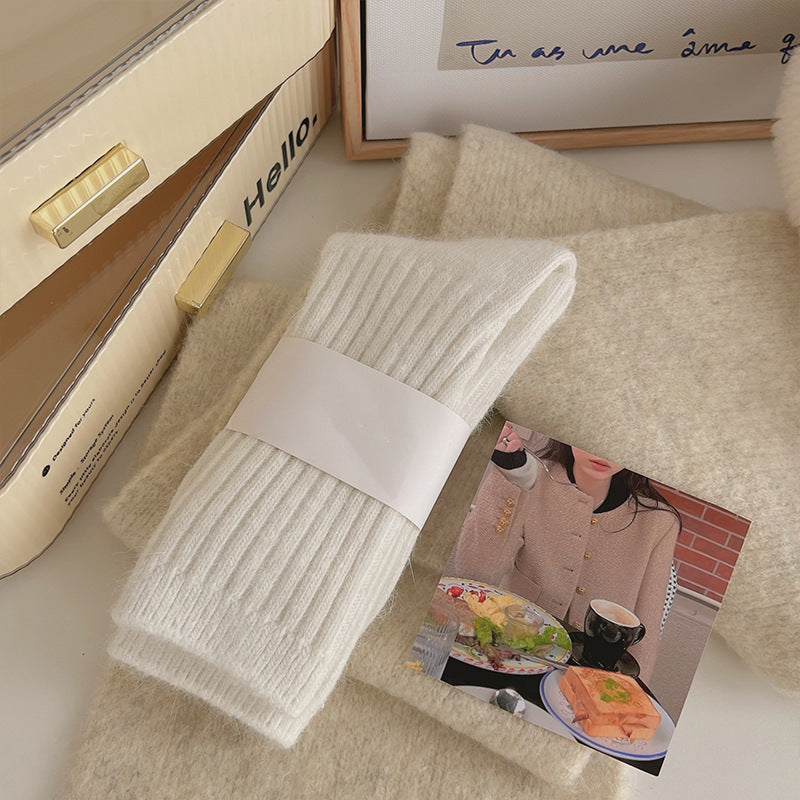 Socks Women's Winter Mid-tube Socks fleece-lined Thickened Warm Socks Soft Vertical Grain Solid Color Japanese Style Stockings Sleep Home Socks