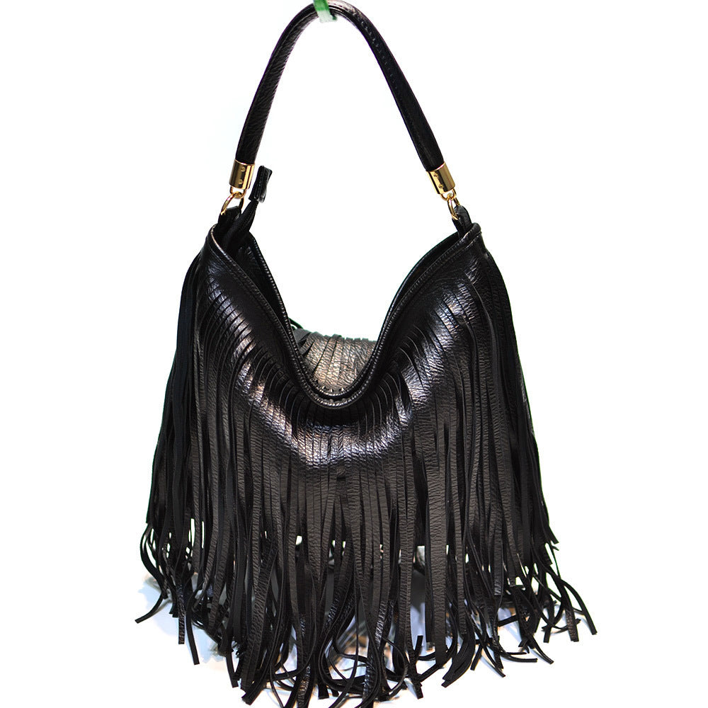 Soft Leather Double-Sided Tassel Shoulder Bag