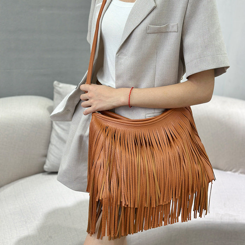 Soft Leather Double-Sided Tassel Shoulder Bag