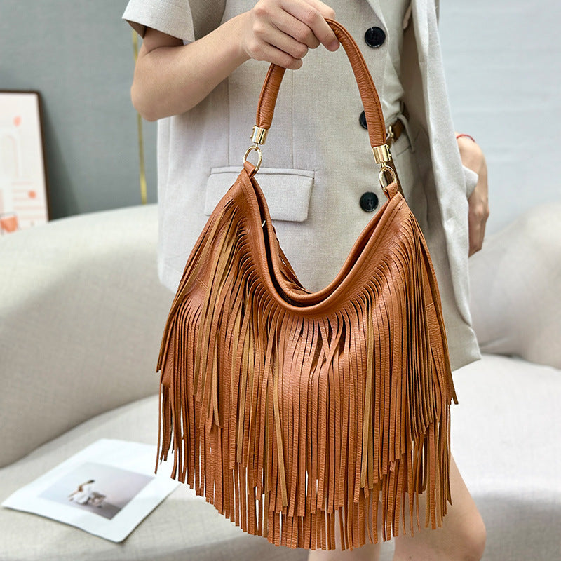 Soft Leather Double-Sided Tassel Shoulder Bag