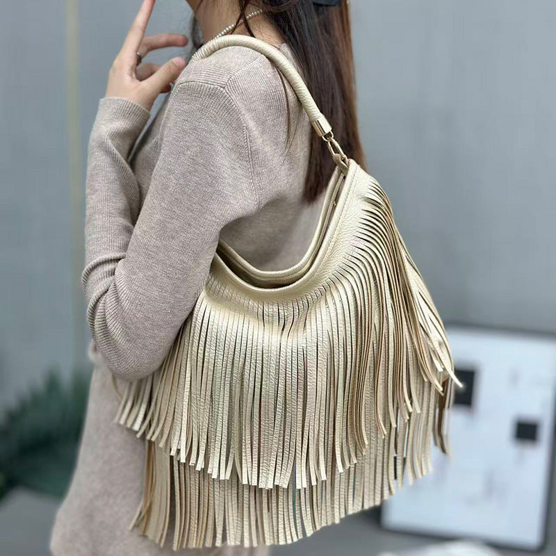Soft Leather Double-Sided Tassel Shoulder Bag