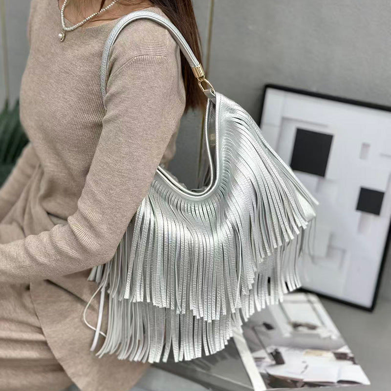Soft Leather Double-Sided Tassel Shoulder Bag