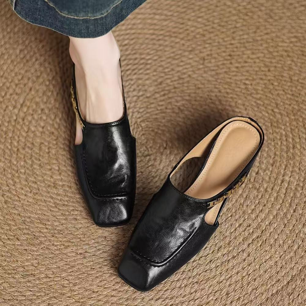 Soft Leather French Retro Square Toe Sandals