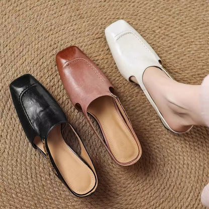 Soft Leather French Retro Square Toe Sandals