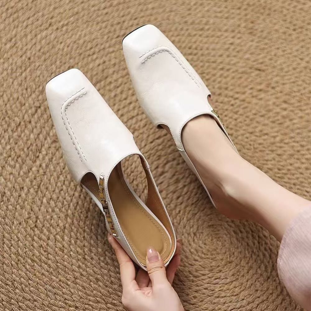 Soft Leather French Retro Square Toe Sandals