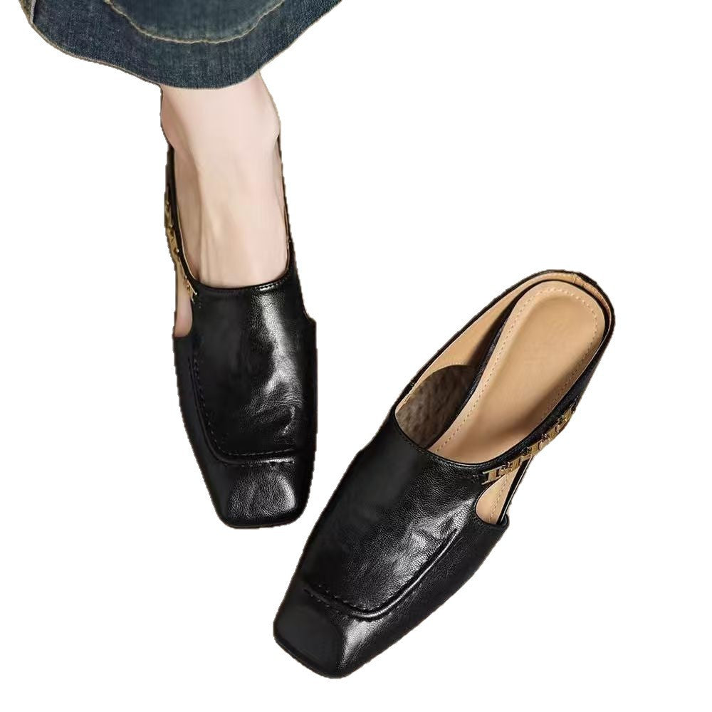 Soft Leather French Retro Square Toe Sandals