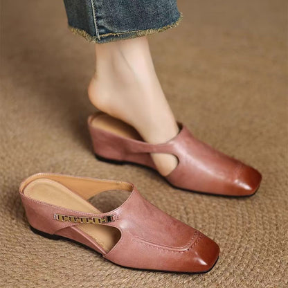 Soft Leather French Retro Square Toe Sandals