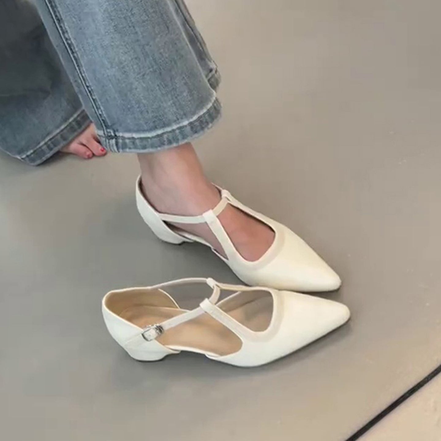 Soft Leather Pointed Toe Mary Jane Shoes