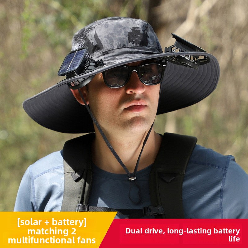Solar Powered Cooling Fan Fishing Hat with Wide Brim