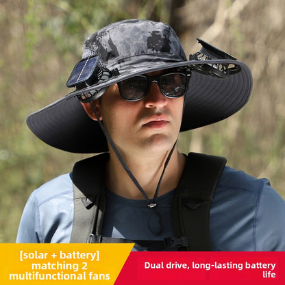 Solar Powered Cooling Fan Fishing Hat with Wide Brim